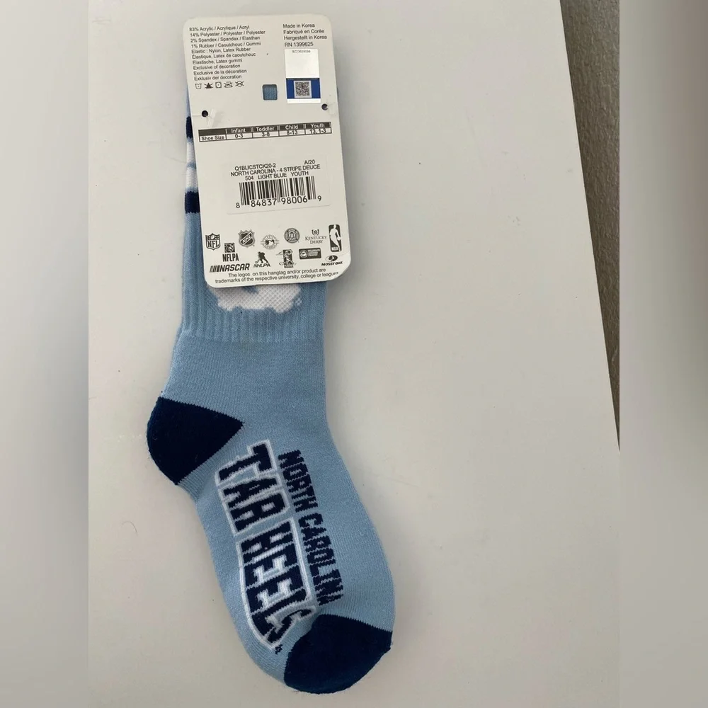 For Bare Feet Youth North Carolina Tar Heels 4-Stripe Deuce crew socks 13.(1-3)